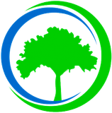 A vibrant green tree silhouette centered inside a circular frame composed of a blue arc on the left and a green arc on the right.