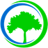 A vibrant green tree silhouette centered inside a circular frame composed of a blue arc on the left and a green arc on the right.