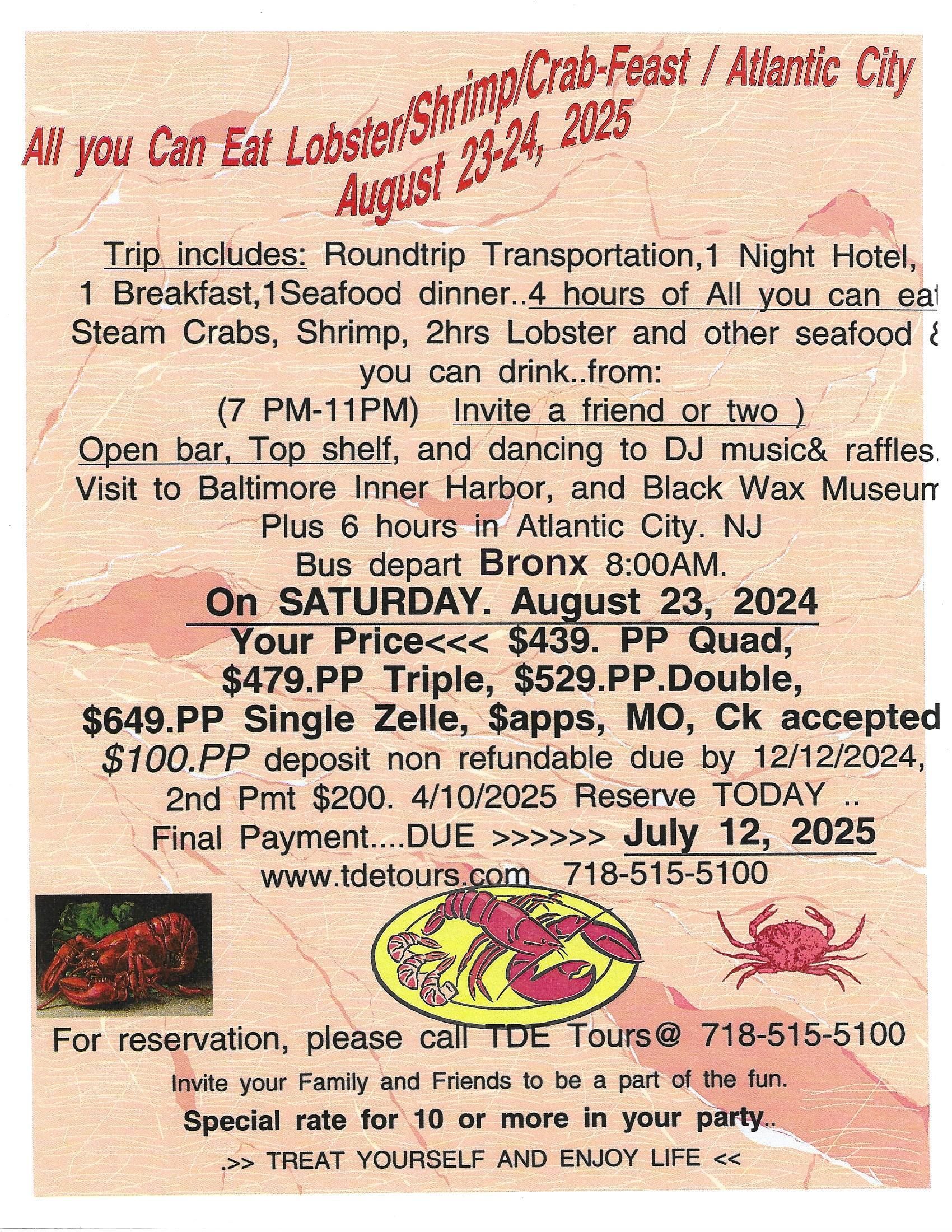 A flyer for a lobster shrimp crab feast in atlantic city.