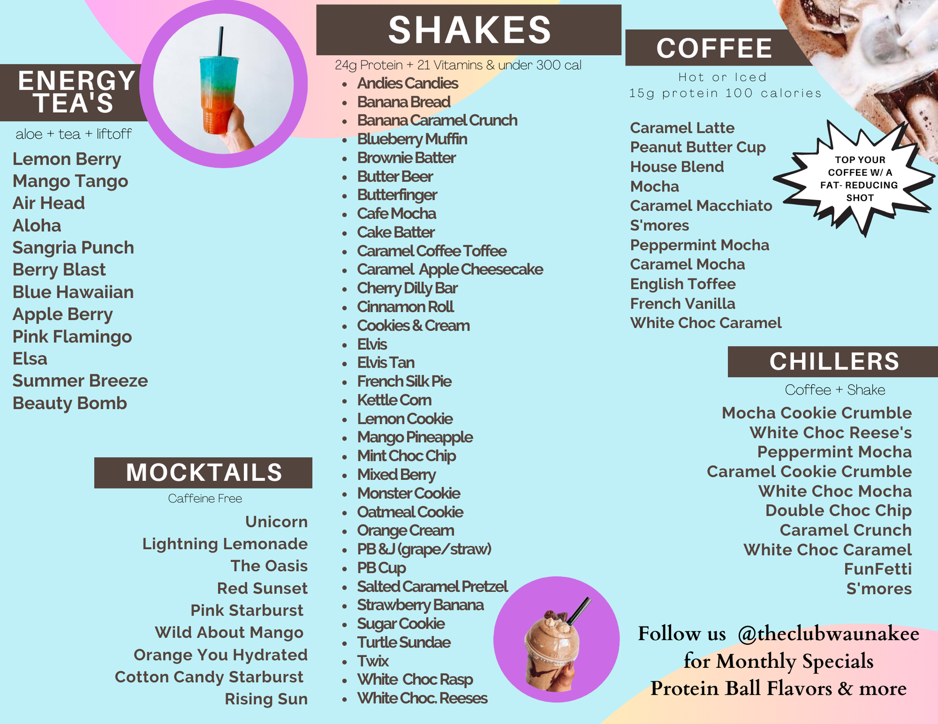 A menu for a ice cream shop includes shakes coffee and mocktails