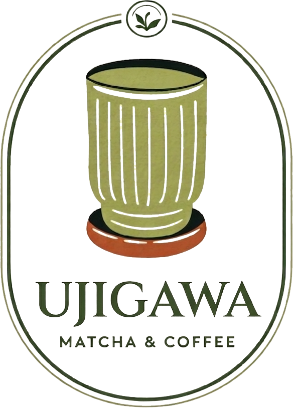 UJIGAWA Matcha & Coffee logo with a green cup centered in an oval emblem