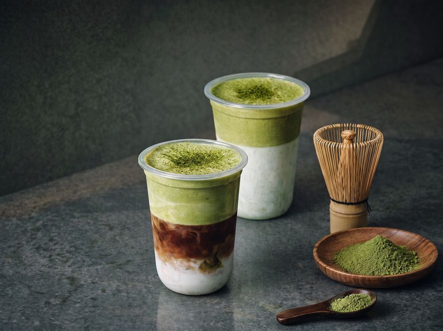 Two layered matcha drinks with a whisk, bamboo scoop, and bowl of green tea powder on a dark table.
