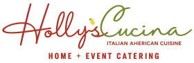 Logo for Holly&rsquo;s Cucina, an Italian-American catering business with a red and green script font and a small yellow icon.