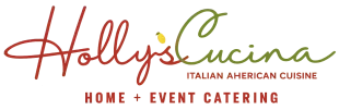 Logo for Holly’s Cucina, an Italian-American catering business with a red and green script font and a small yellow icon.