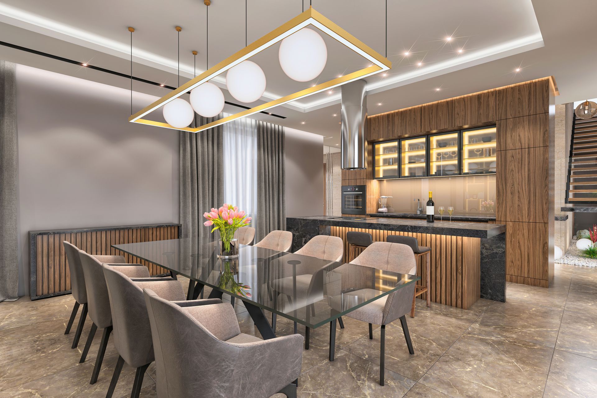 View of a luxury furnished dining room interior with a glass table, open kitchen, and an island.