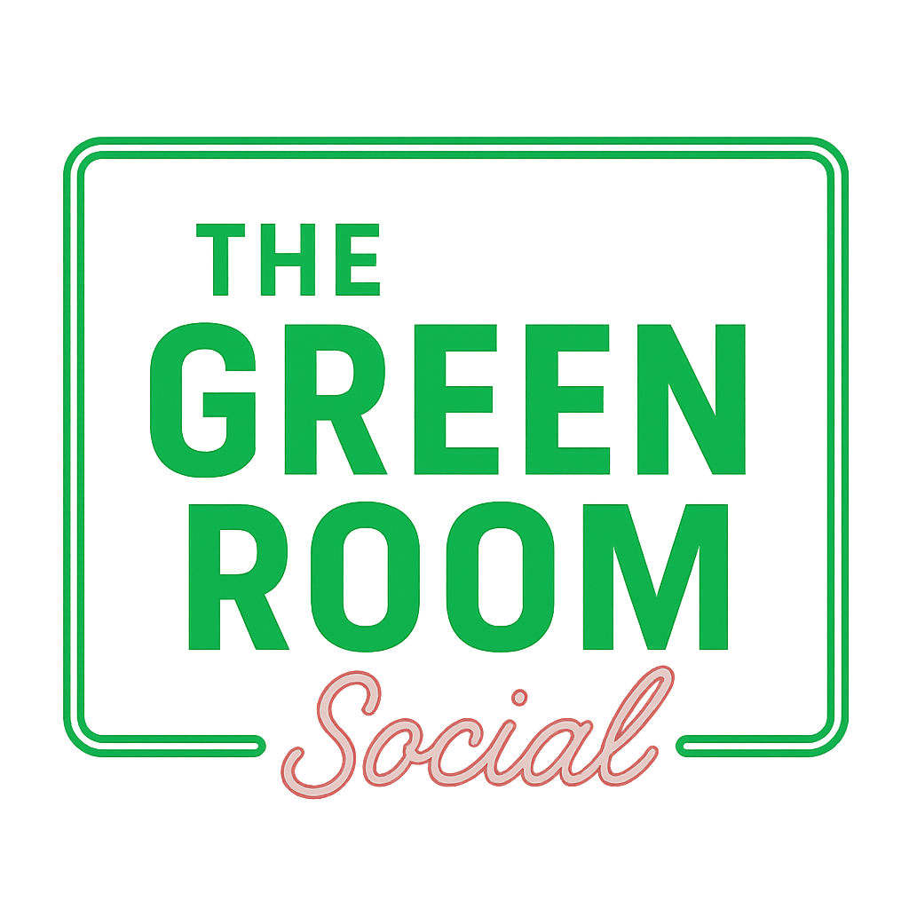 Logo: "THE GREEN ROOM" in green letters, "Social" in pink cursive, within a green-outlined white rectangle.
