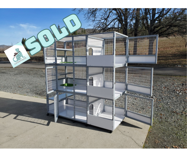 Three-story outdoor cat enclosure with white interior and gray wire mesh. Doors are open. Trees and a hillside in the background.