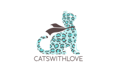 A logo for catswithlove shows a leopard with a scarf around its neck