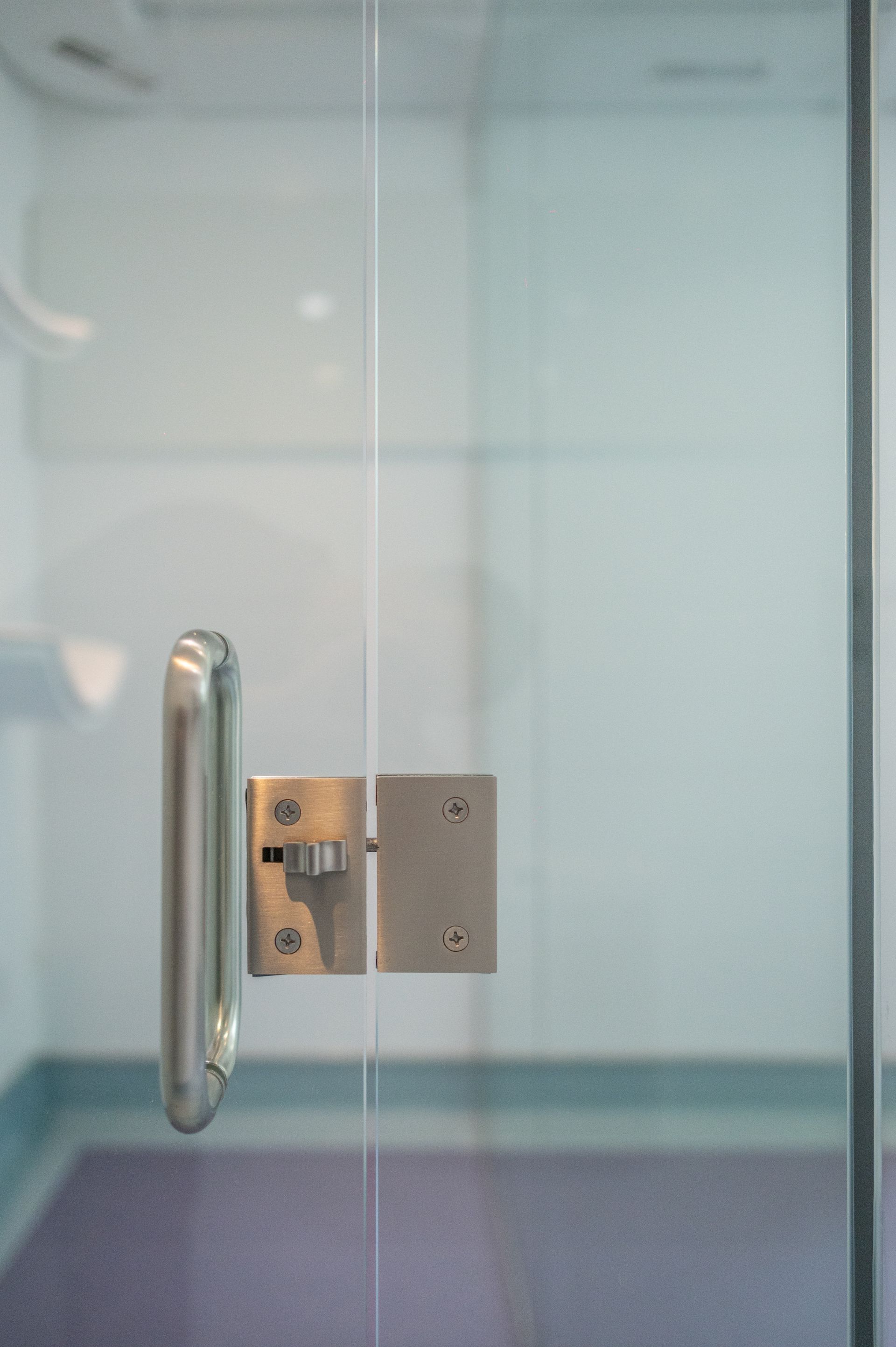 Glass door with a silver handle and a latch.