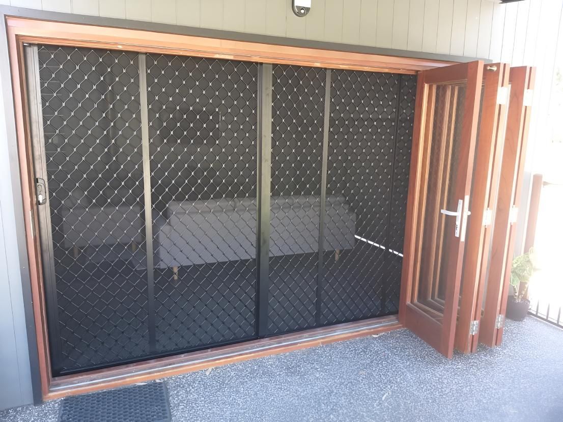 Brown Wooden and Security Screen Sliding Doors — Hervey Bay Glass Glazing & Screens In Pialba, QLD