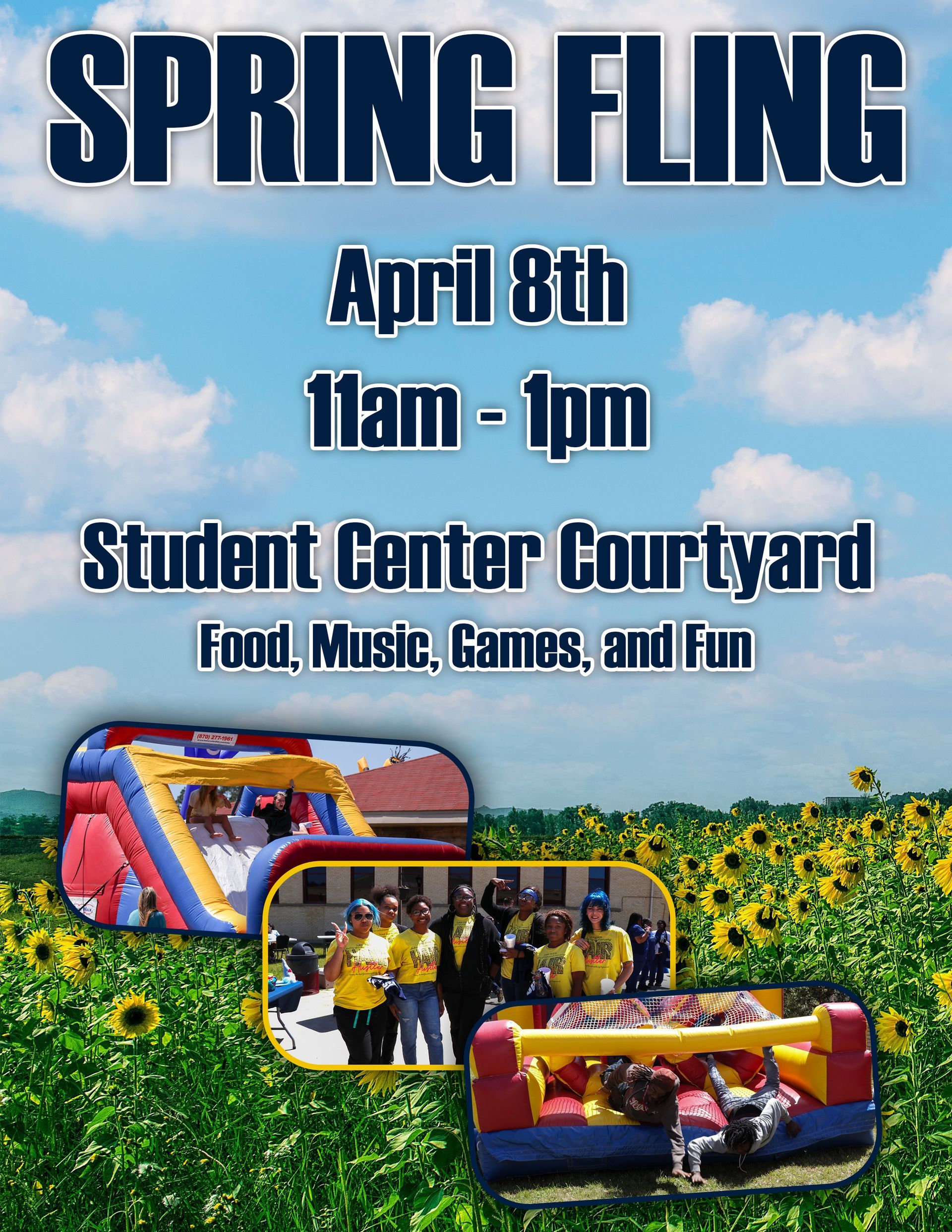 Spring Fling event flyer, April 8th, 11am-1pm, Student Center Courtyard. Features text and photos of outdoor activities.