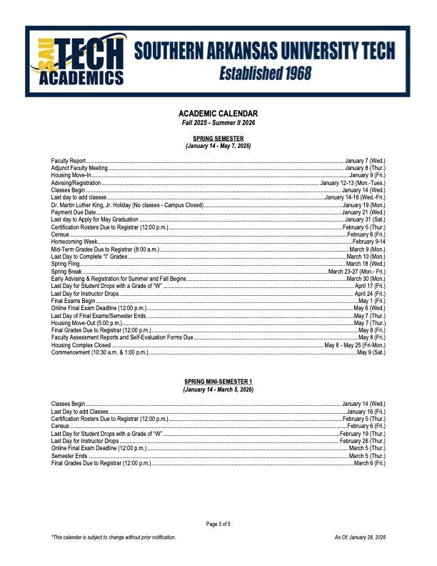 Academic calendar for Southern Arkansas University Tech
