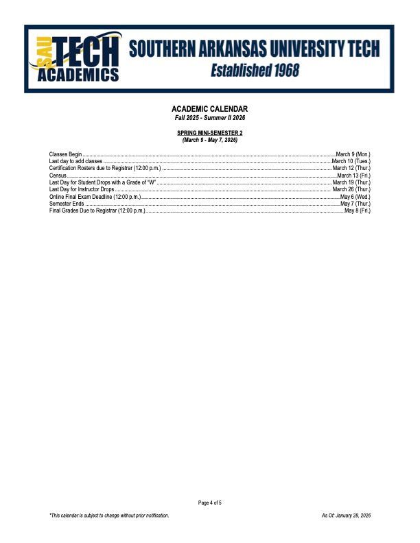 Academic calendar for Southern Arkansas University Tech