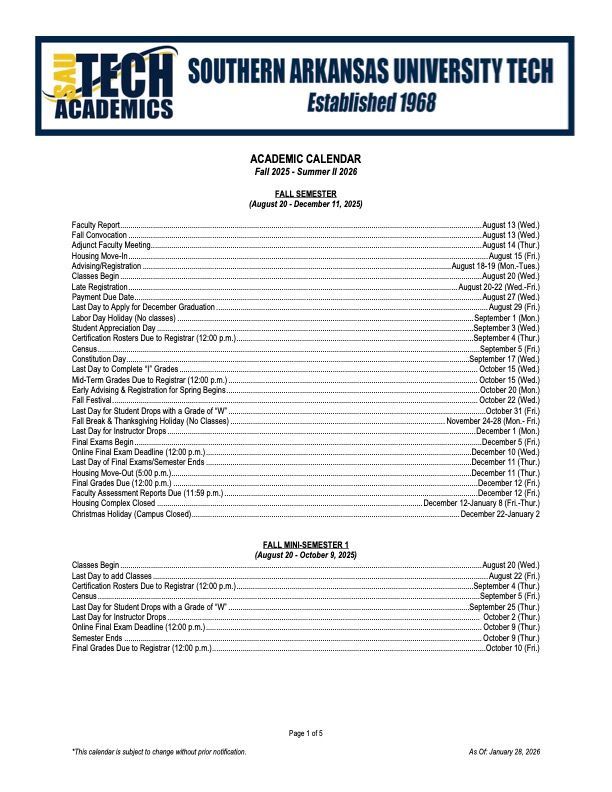 Academic calendar for Southern Arkansas University Tech