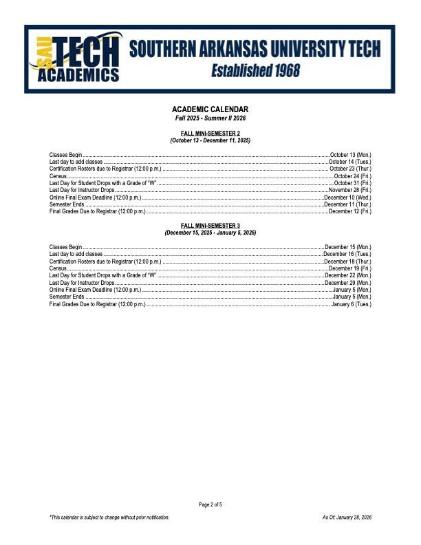 Southern Arkansas University Tech academic calendar