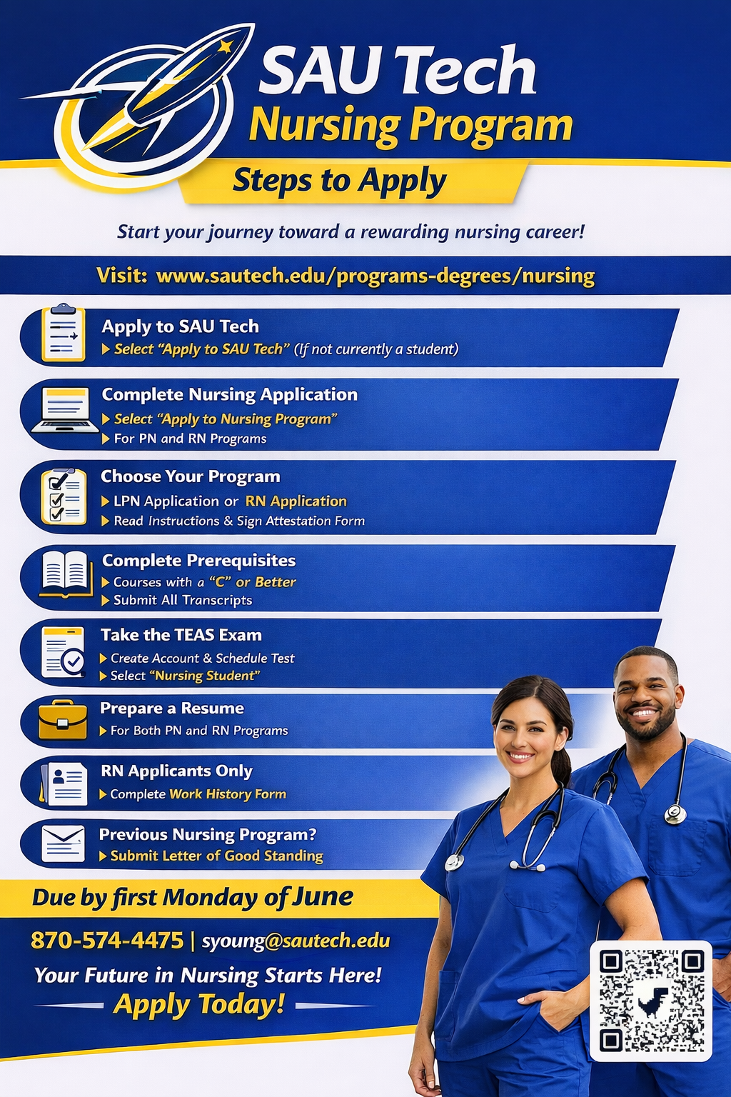 Infographic detailing SAU Tech Nursing Program application steps, deadlines, contact info, and a QR code.