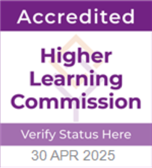 A purple sign that says accredited higher learning commission