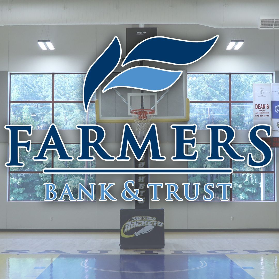Farmers Bank & Trust logo on top of an image of SAU Tech's basketball court.