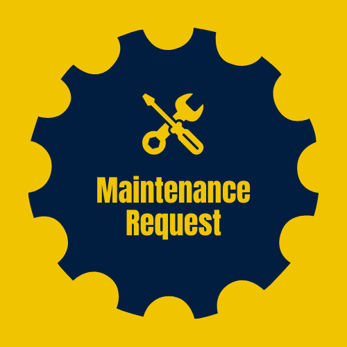 A blue and yellow gear with the words `` maintenance request '' written on it.