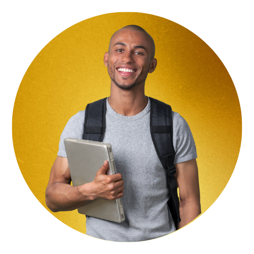 A man with a backpack is holding a laptop and smiling