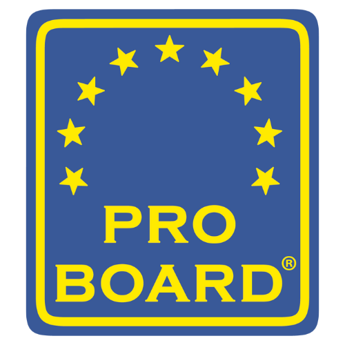 A blue and yellow pro board logo with stars around it