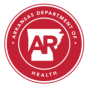 The logo for the arkansas department of health is red and white.