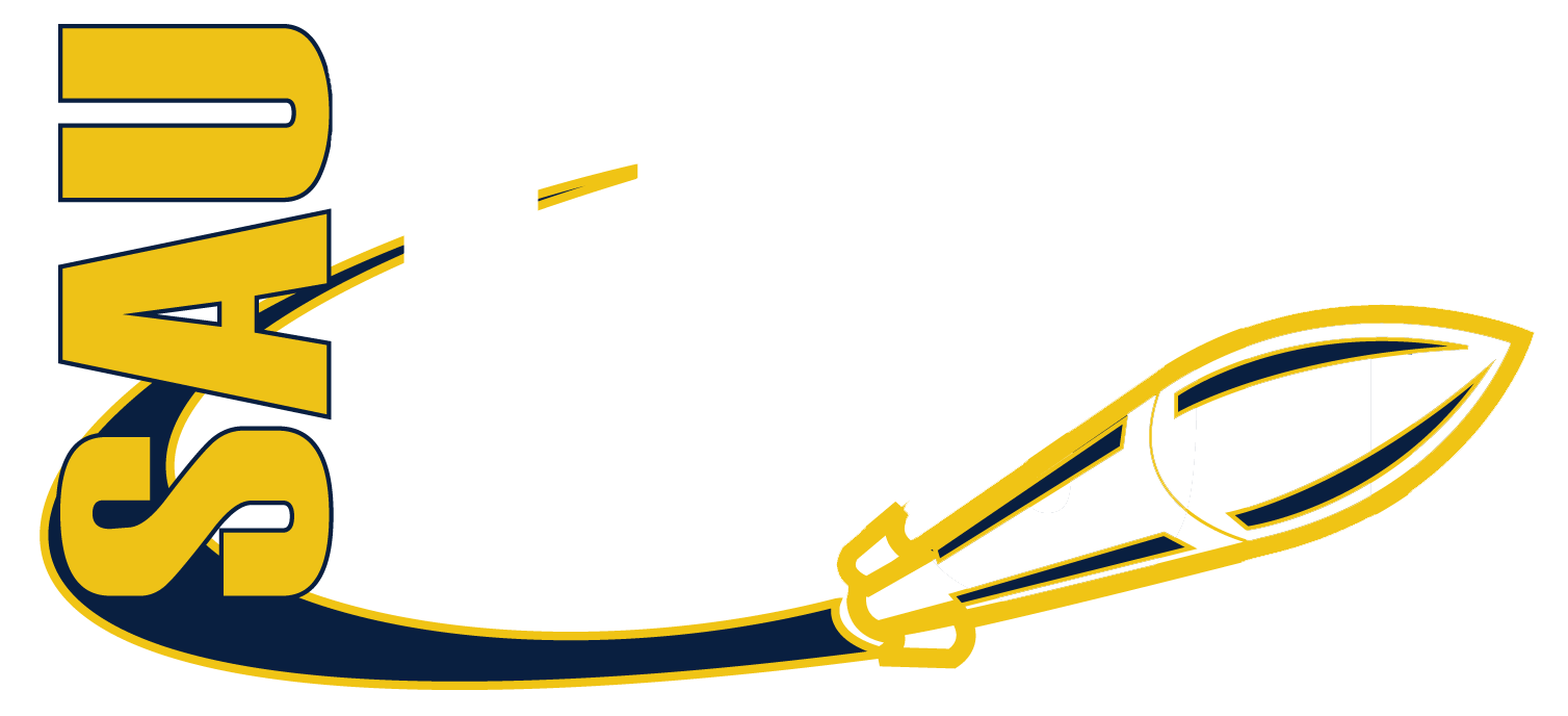 A blue and yellow logo with the word sau on it