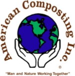 The logo for american composting inc. shows two hands holding a globe.