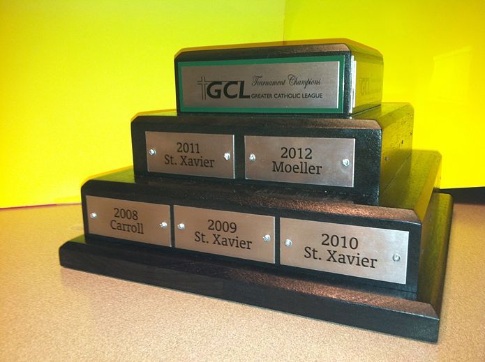 A stack of plaques with one that says gcl on it
