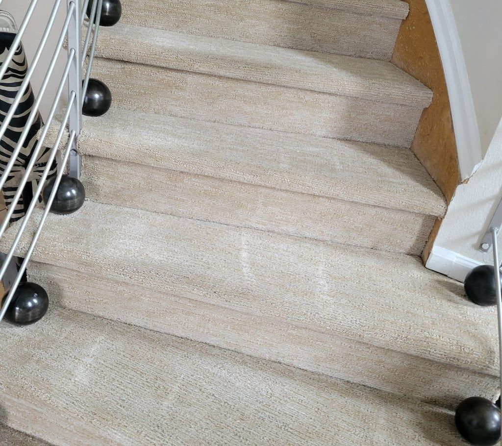 Carpeted staircase with a silver metal railing featuring decorative black spheres at the base of each step.
