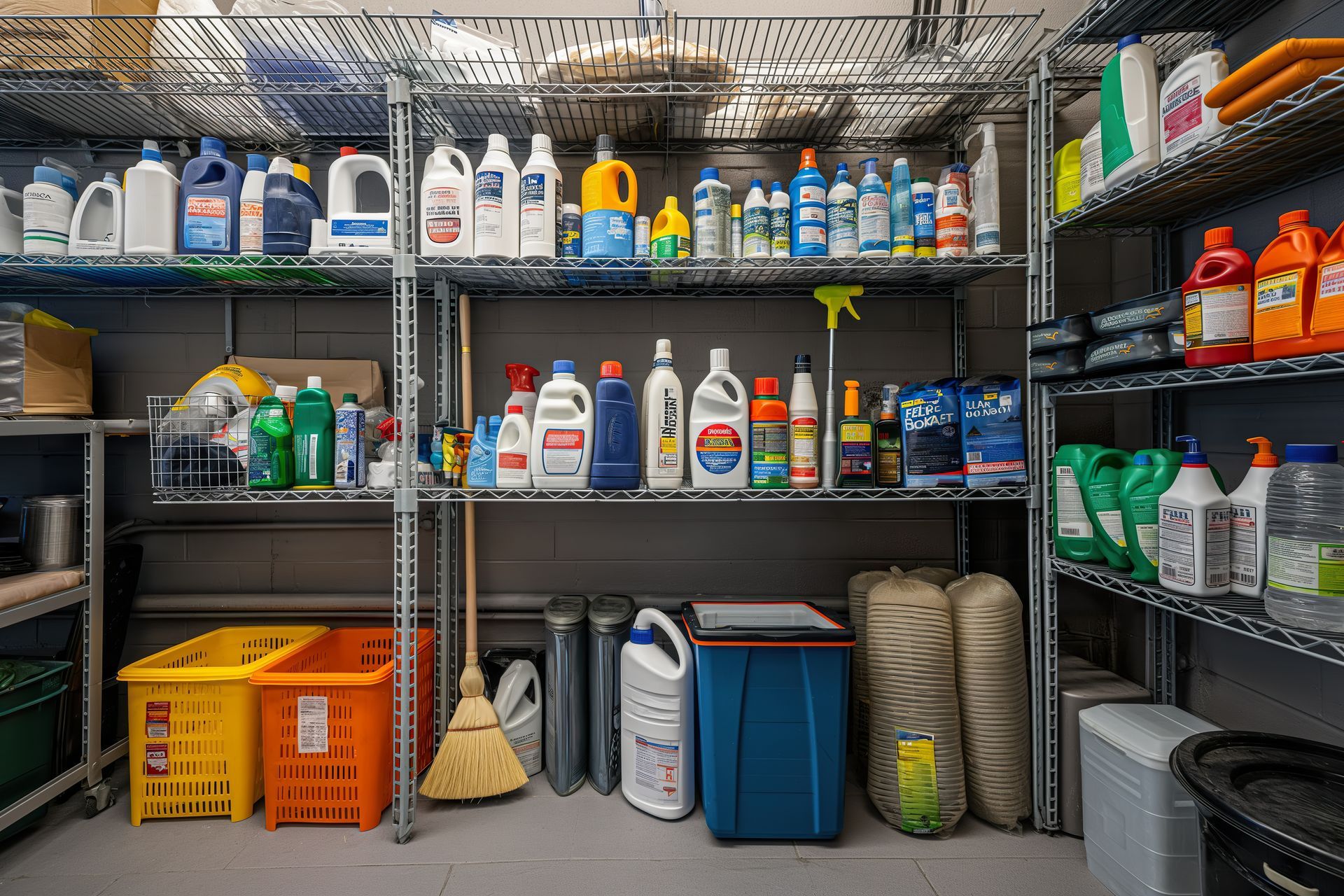 A cleaning supply storage room with metal shelving units filled with various bottles, containers, and custodial tools.
