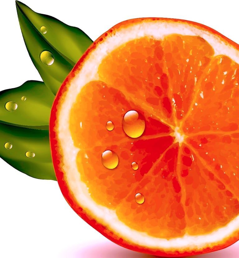 A vibrant, juicy orange slice with dewy green leaves against a white background.