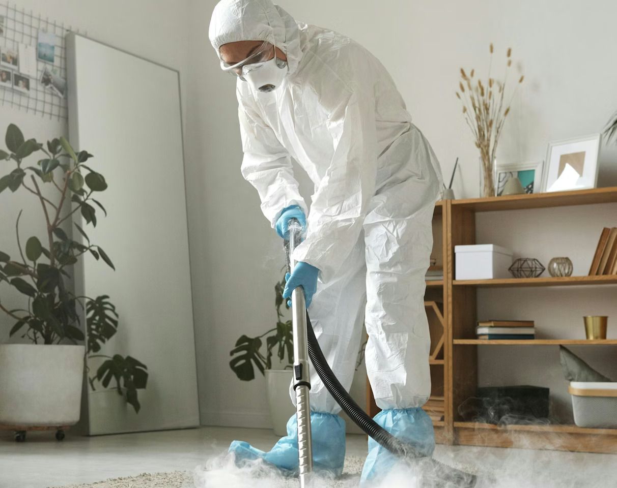 A person in full white protective gear uses a steam cleaning machine to sanitize a rug in a modern, brightly lit room.