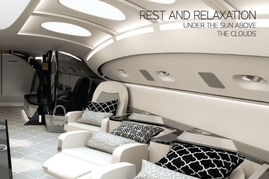 Luxurious airplane cabin with white seating, pillows, and sleek design. Text: 