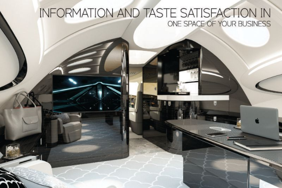 Luxurious modern office interior with curved design, black accents, large TV, and workspace.
