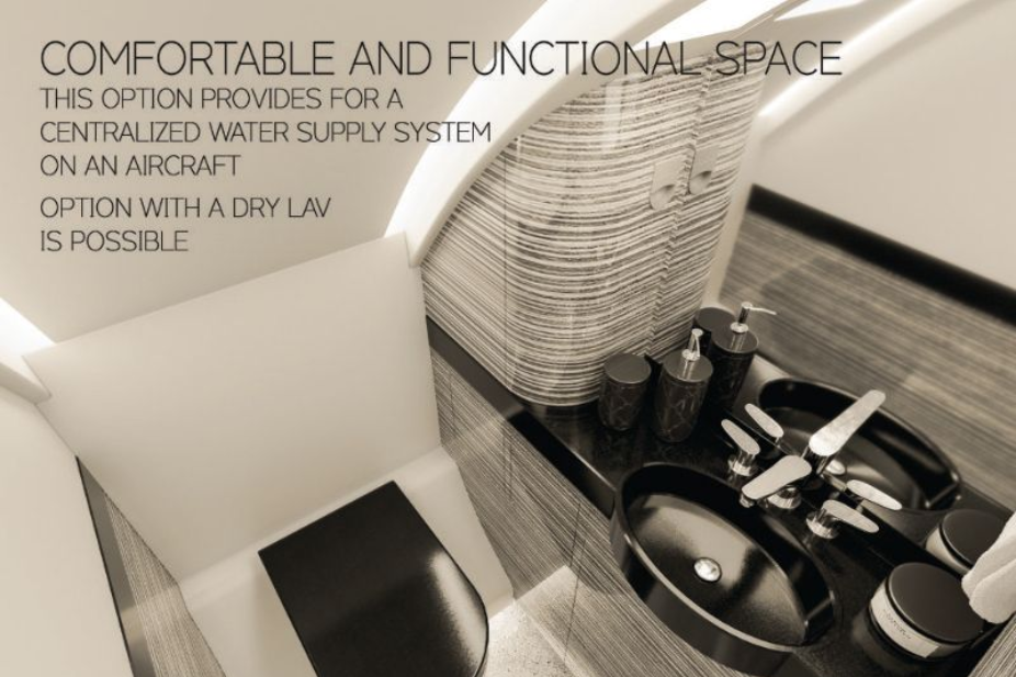 Aircraft lavatory with sink and toiletries; text overlay states 