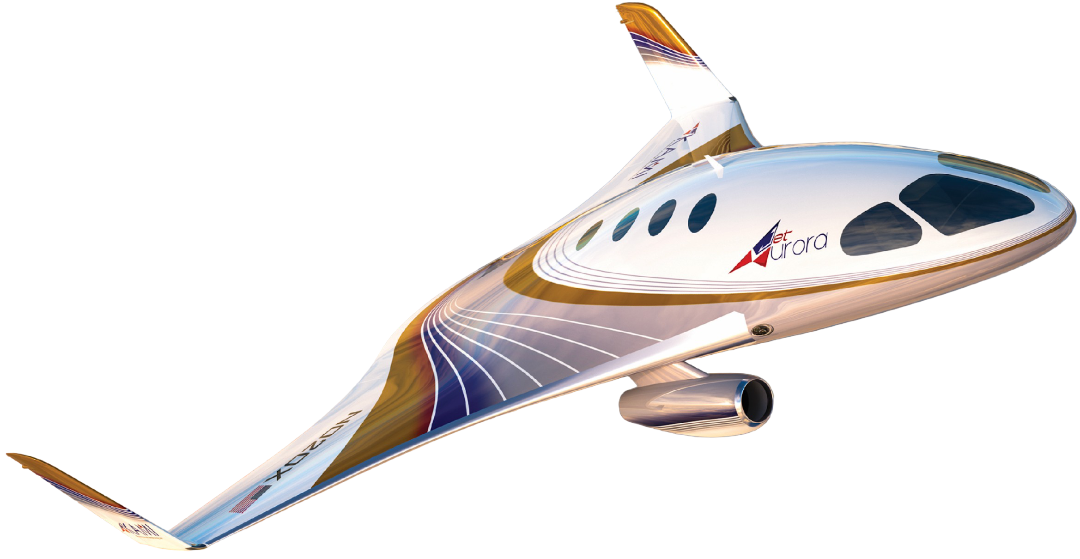 Futuristic white and gold airplane design with curved wings and a single engine.