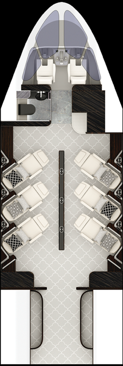 Top-down view of a private jet interior, showing seats, galley, and cockpit layout.