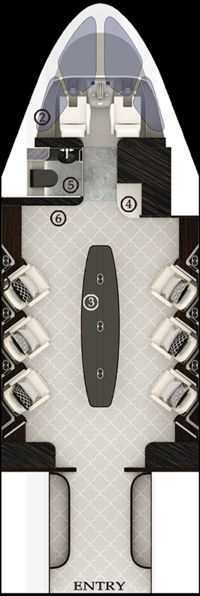 Overhead view of a private jet interior with seating for ten, a table, and a galley.