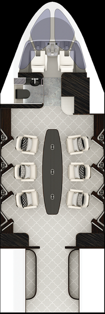 Top-down view of a private jet interior. It has a cockpit, galley, seating area with a table, and lavatory.