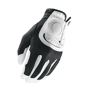 A pair of black and white golf gloves on a white background