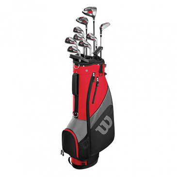 A set of golf clubs in a red and black wilson golf bag.