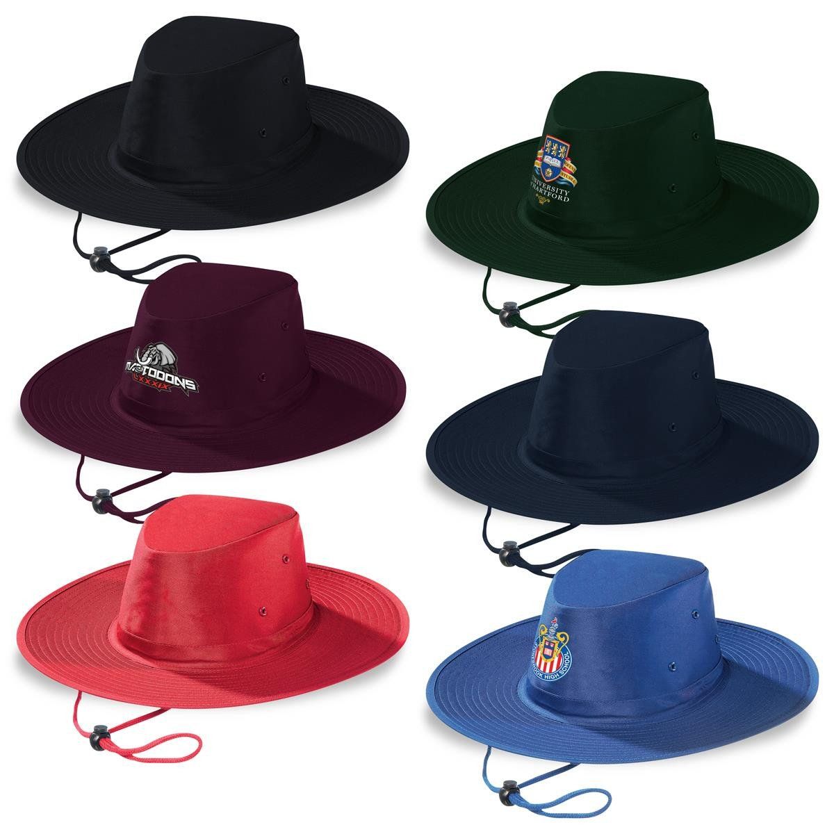 A variety of hats are stacked on top of each other