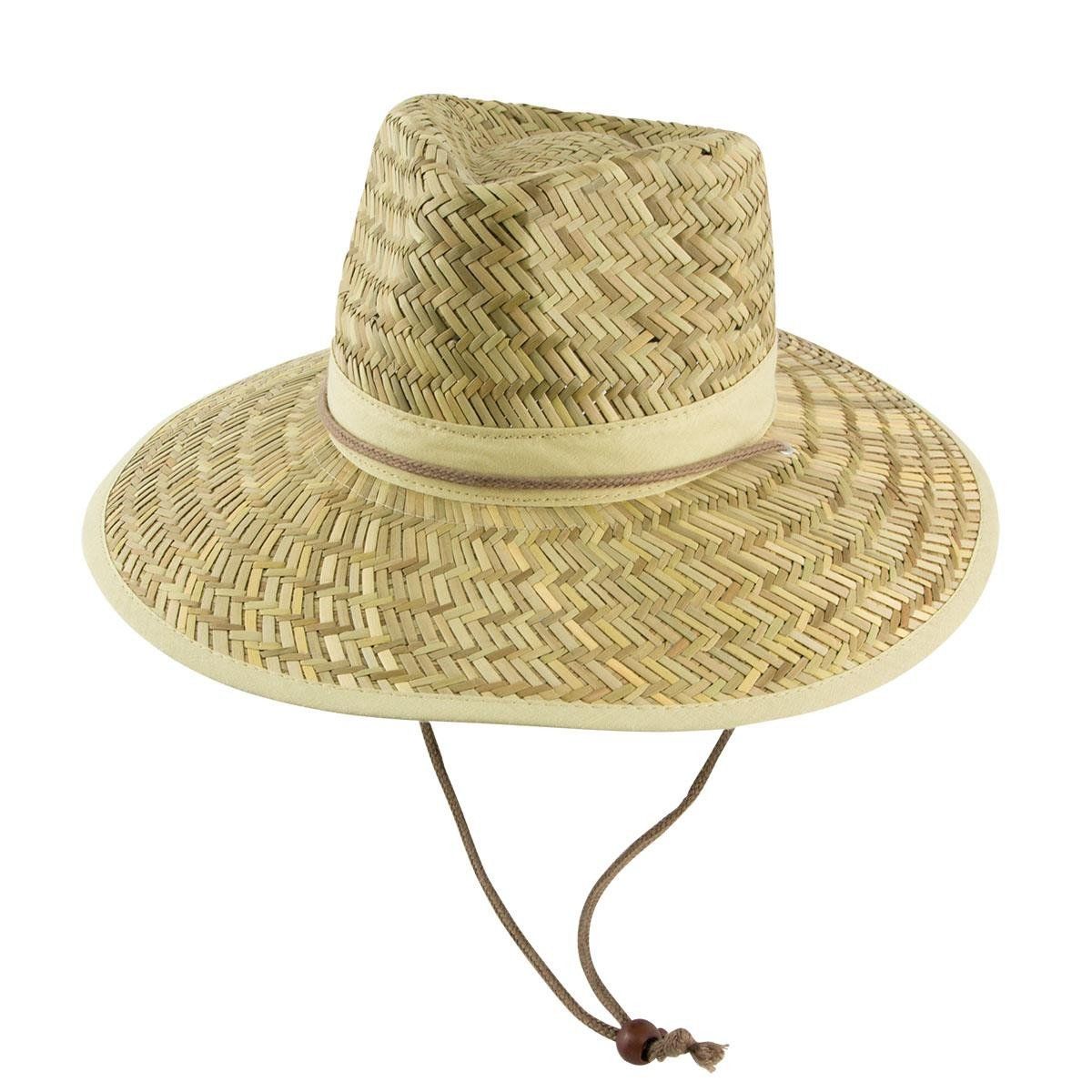 A straw hat with a brown string around the neck