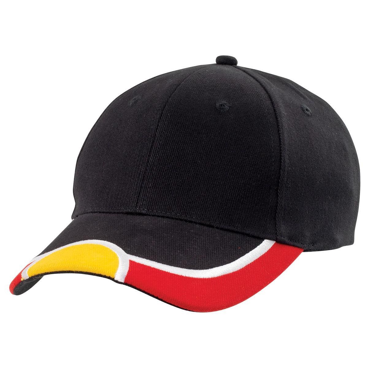 A black baseball cap with a red white and yellow stripe on the brim