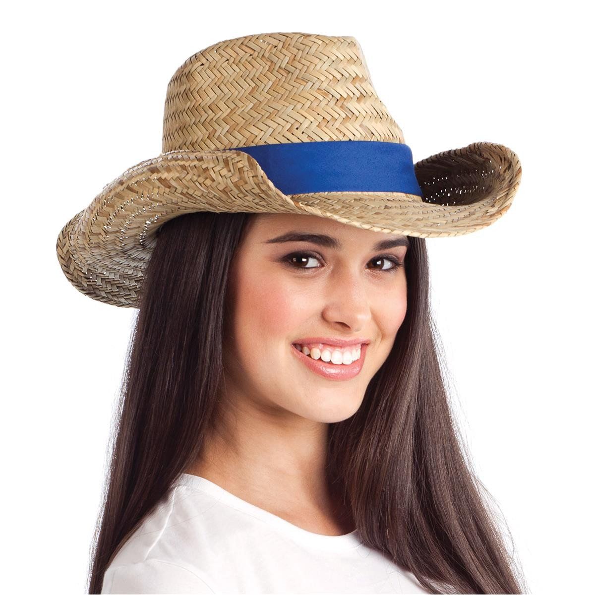 A woman wearing a straw hat with a blue ribbon