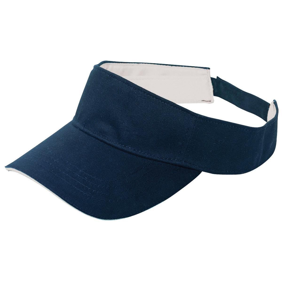 A blue visor with a white strap on a white background