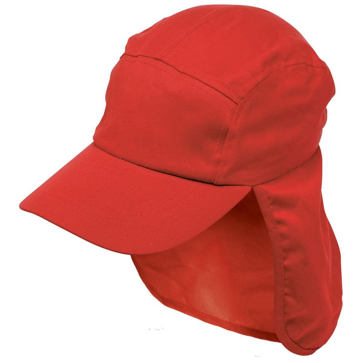 A red baseball cap with a neck protector attached to it