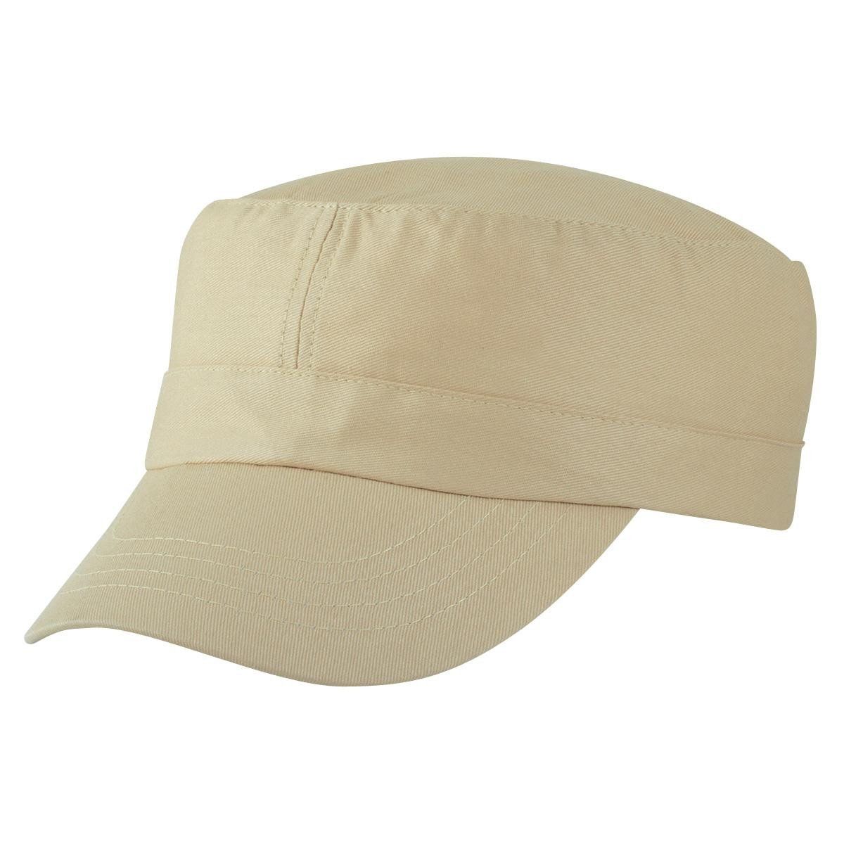 A beige baseball cap is shown on a white background