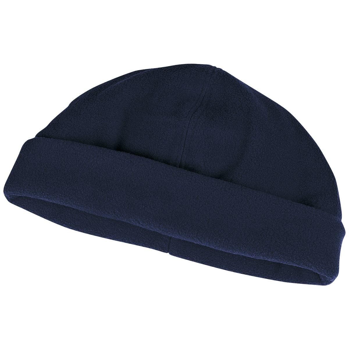 A close up of a blue beanie on a white background